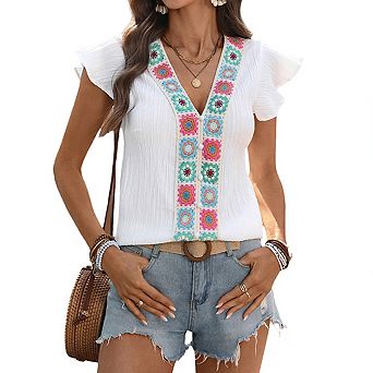 Women's Boho Colorful Crochet Trim V Neck Flutter Short Sleeve Top Textured Casual Summer Blouse