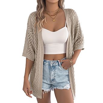 Women's Hollow Out Open Knit Cardigan 3/4 Sleeve Open Front Lightweight Casual Summer Cover‑Up