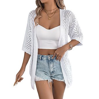 Women's Hollow Out Open Knit Cardigan 3/4 Sleeve Open Front Lightweight Casual Summer Cover‑Up