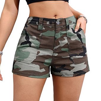Women's High Waist Camo Cargo Shorts, Button Fly Casual Denim with Multi Pockets