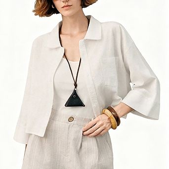 Women's Collared Cropped Shirt 3/4 Wide Sleeve Chest Pocket Loose Fit Casual Button Down Blouse