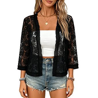 Women's Floral Lace Sheer Shrug Open Front 3/4 Sleeve Ruffle Trim Lightweight Cropped Cardigan