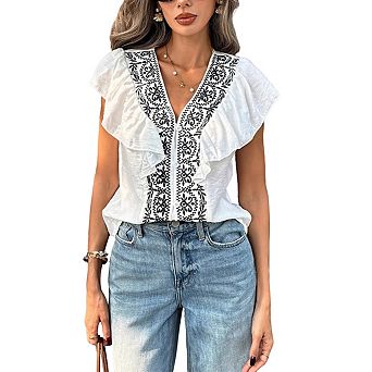 Women's Boho Floral V Neck Ruffle Flutter Short Sleeve Top Crinkle Textured Casual Summer Blouse