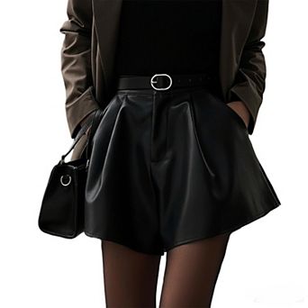 Women's High Waist Faux Leather Shorts, Pleated A-Line with Pockets Casual Fashion Shorts