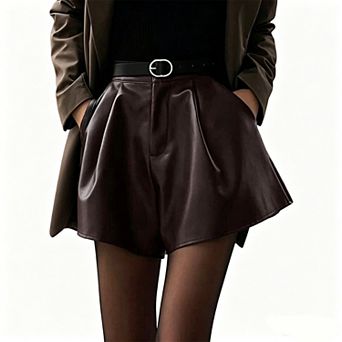 Women's High Waist Faux Leather Shorts, Pleated A-Line with Pockets Casual Fashion Shorts