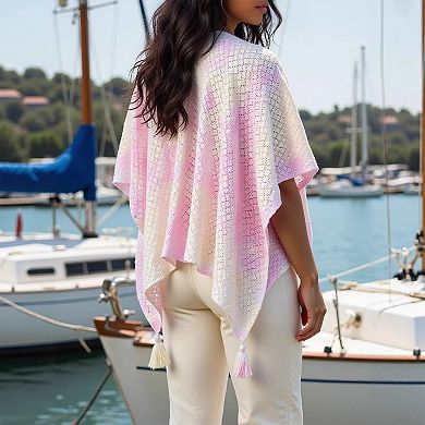 Women's Crochet Knit Poncho Shawl, Lightweight Open Front Wrap with Tassels