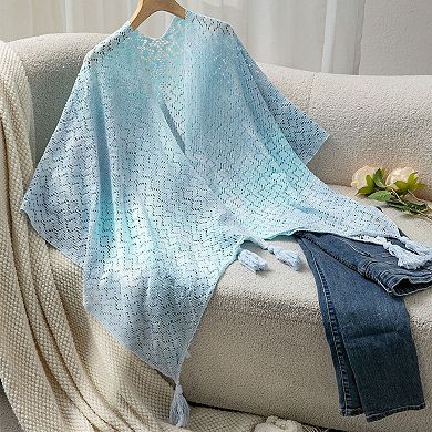 Women's Crochet Knit Poncho Shawl, Lightweight Open Front Wrap with Tassels