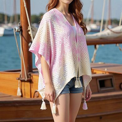 Women's Crochet Knit Poncho Shawl, Lightweight Open Front Wrap with Tassels