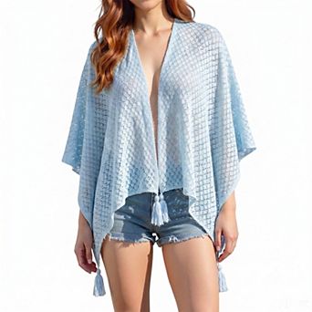 Women's Crochet Knit Poncho Shawl, Lightweight Open Front Wrap with Tassels