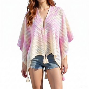 Women's Crochet Knit Poncho Shawl, Lightweight Open Front Wrap with Tassels