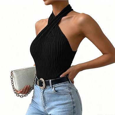 Women's Halter Neck Top Textured Sleeveless Form-Fitting Cami Blouse