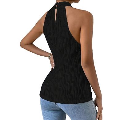 Women's Halter Neck Top Textured Sleeveless Form-Fitting Cami Blouse