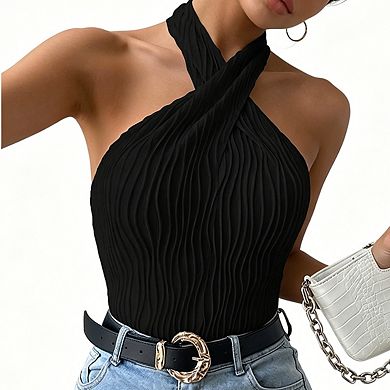 Women's Halter Neck Top Textured Sleeveless Form-Fitting Cami Blouse