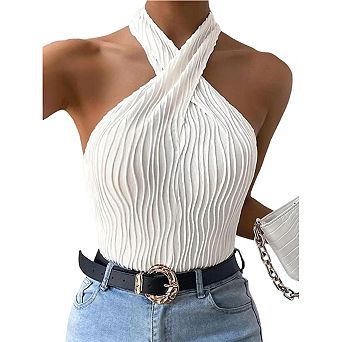 Women's Halter Neck Top Textured Sleeveless Form-Fitting Cami Blouse