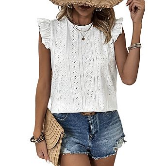 Women's Crew Neck Eyelet Sleeveless Top Ruffle Trim Tie Back Hollow Out Casual Summer Blouse