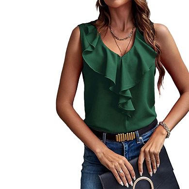 Women's V Neck Ruffle Sleeveless Business Casual Going Out Tank Top