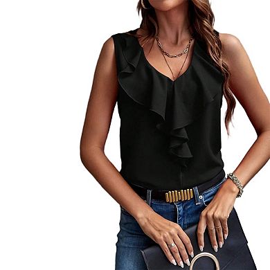 Women's V Neck Ruffle Sleeveless Business Casual Going Out Tank Top