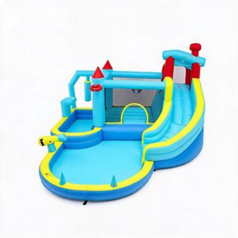 Inflatable Bounce House with Water Slide, Climbing Wall and Basketball Hoop for Kids