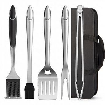 BBQ Grill Tool Set 5 pc Outdoor Barbecue Utensils with Tongs, Fork, Brush, Grater