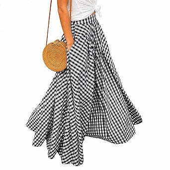 Women's Plaid High Waisted A-Line Maxi Skirts with Pockets