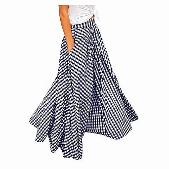 Women's Plaid High Waisted A-Line Maxi Skirts with Pockets