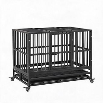 Double Door Heavy Duty Dog Crate, Portable Lockable Metal Dog Kennel Easy Clean Removable Tray