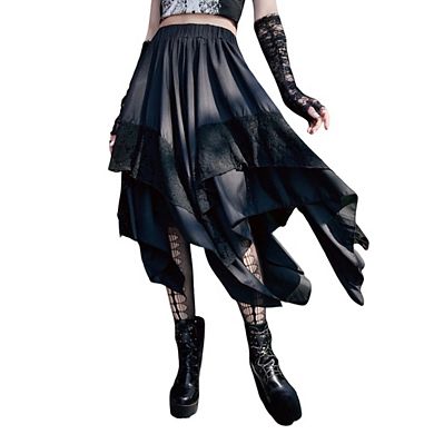 Women's Gothic Lace Trim Asymmetrical Punk Flowy Midi Skirts