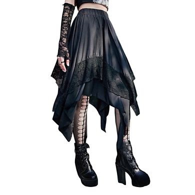 Women's Gothic Lace Trim Asymmetrical Punk Flowy Midi Skirts