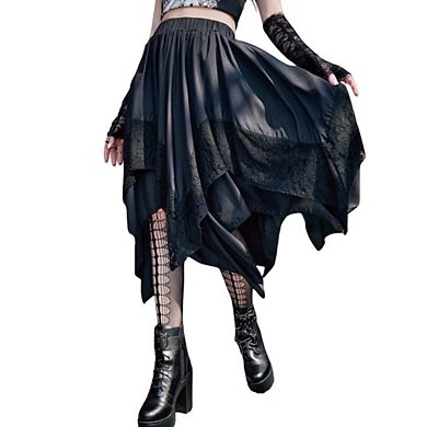Women's Gothic Lace Trim Asymmetrical Punk Flowy Midi Skirts