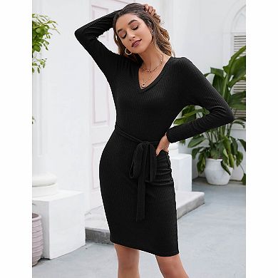 Women's Ribbed Knit Bodycon Midi Dress with Tie Belt
