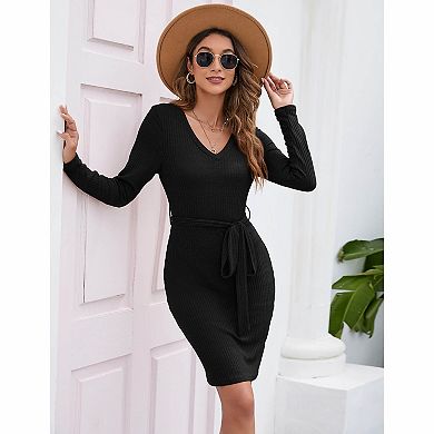 Women's Ribbed Knit Bodycon Midi Dress with Tie Belt