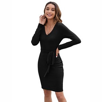 Women's Ribbed Knit Bodycon Midi Dress with Tie Belt