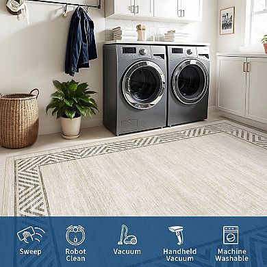 Washable Modern Bordered Area Rug, Ultra-Thin Non-Slip Low Pile Carpet for Bedroom Kitchen Hallway
