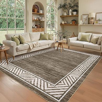 Washable Modern Bordered Area Rug, Ultra-Thin Non-Slip Low Pile Carpet for Bedroom Kitchen Hallway