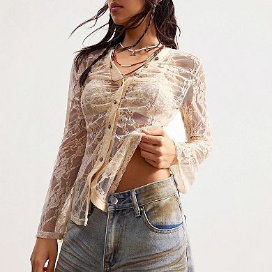 Women's Sheer Lace Button-Down Top Long Sleeve Cuff Ruched Blouse Layering Shirt