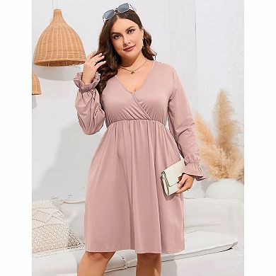 Plus Size Surplice V‑Neck Long Sleeve Midi Dress