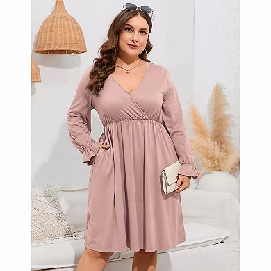 Plus Size Surplice V‑Neck Long Sleeve Midi Dress