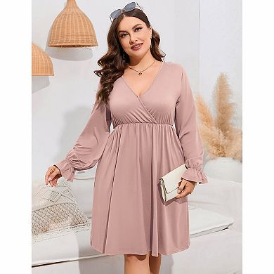 Plus Size Surplice V‑Neck Long Sleeve Midi Dress