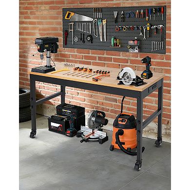 Multifunctional Adjustable Work Table, Rubberwood Surface Heavy Duty Workbench Ideal for Workshop