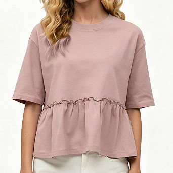 Women's Peplum Hem Cotton T-Shirt Crewneck Short Sleeve Casual Ruffle Waist Top