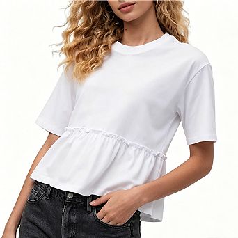 Women's Peplum Hem Cotton T-Shirt Crewneck Short Sleeve Casual Ruffle Waist Top