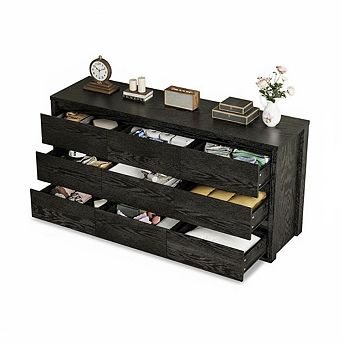 Modern 9 Drawer Dresser for Bedroom Wide Wooden Chest, Large Storage Organizer for Clothes