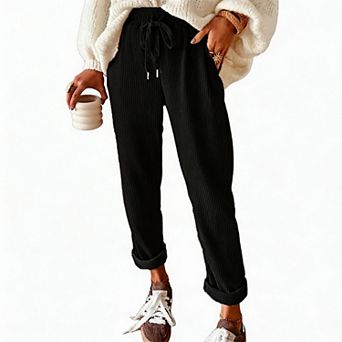 Women Corduroy Pants Casual Drawstring Elastic High Waist Straight Leg Loose Trousers with Pockets