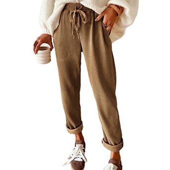 Women Corduroy Pants Casual Drawstring Elastic High Waist Straight Leg Loose Trousers with Pockets