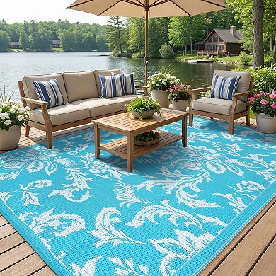 Reversible Waterproof Outdoor Rug, Floral Foldable Plastic Large Mat for Patio Camping RV Beach