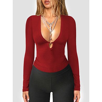 Women's Deep V Neck Keyhole Long Sleeve Top, Slim Fit Ribbed Knit Bodysuit for Fall Winter