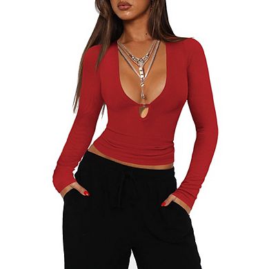 Women's Deep V Neck Keyhole Long Sleeve Top, Slim Fit Ribbed Knit Bodysuit for Fall Winter