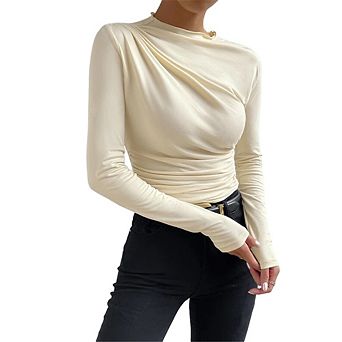 Women's Asymmetric Neck Ruched Long Sleeve Top, Slim Fit Mock Neck Layering Shirt for Fall Winter