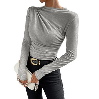 Women's Asymmetric Neck Ruched Long Sleeve Top, Slim Fit Mock Neck Layering Shirt for Fall Winter