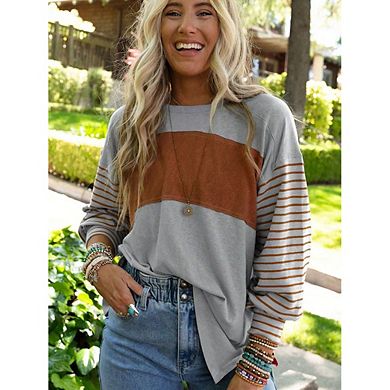Women's Color Block Striped Long Sleeve T-Shirt, Crew Neck Loose Fit Casual Pullover Top for Fall